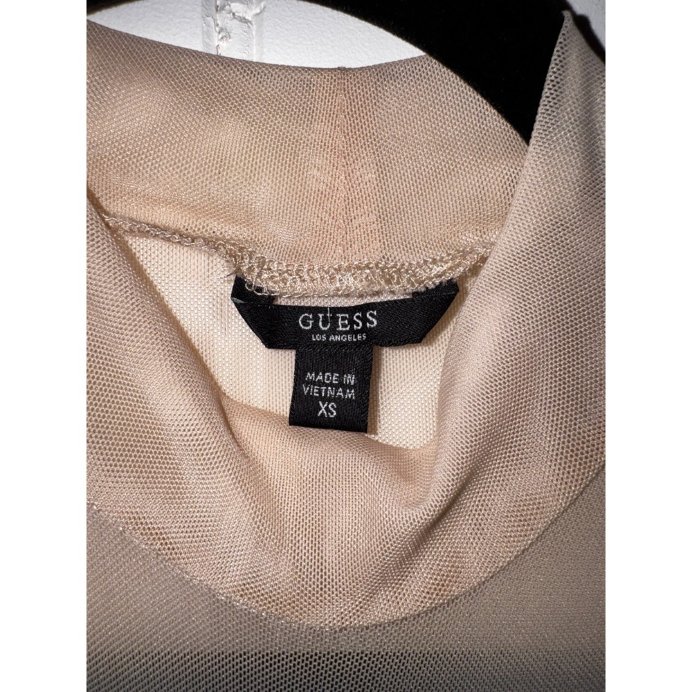 Guess Los Angeles Womens XS Sheer Mesh Floral Lace Mock Neck Long Sleeve Top Tan - Picture 2 of 3